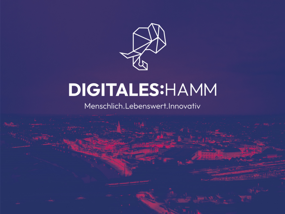 ein stilisierter Elefantenkopf in weiß und weißer Text: "DIGITALES:HAMM Menschlich. Lebenswert. Innovativ." auf lila Hintergrund